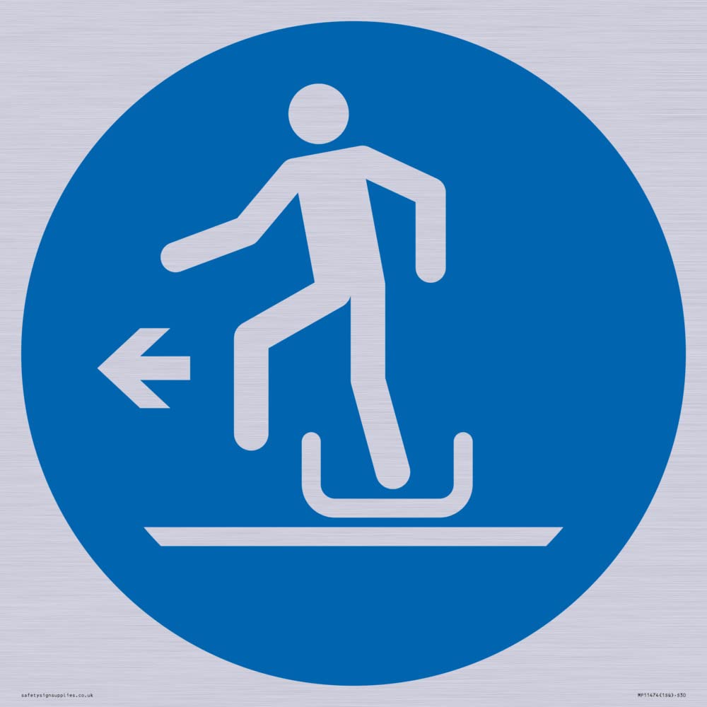 Viking Signs Mandatory: Alighting from toboggan to the left Sign - 300x300mm - S30, Blue/White