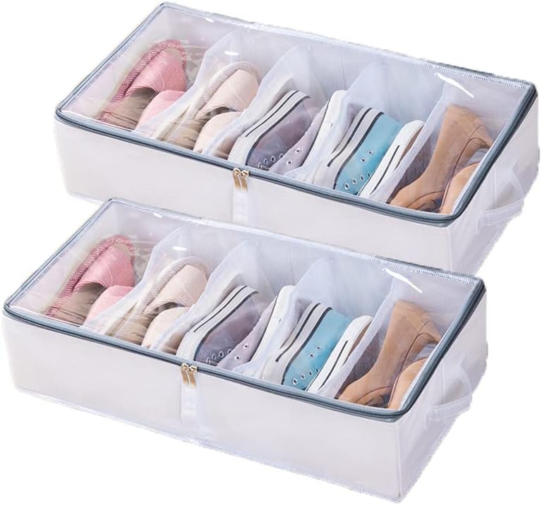 折りたたみ式ベッド下シューズ収納オーガナイザー - 2パック, 調節可能な仕切り, クリアビジュアルウィンドウ, 便利な取っ手 - 