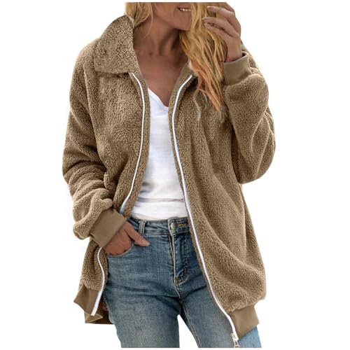 Womens Fuzzy Fleece Open Front Cardigan Jacket Oversized Long Sleeve Lapel Sherpa Warm Teddy Coat With Pockets