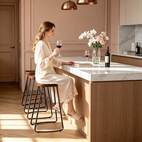 Butacos de Bar Juego de 2, Altura de 24 pulgadas, Asiento Silla de Madera Natural en Acabado Walnut, Base de Metal Negro, Sin Espaldar, Ideal para Isla de Cocina y Comedor miniatura 3