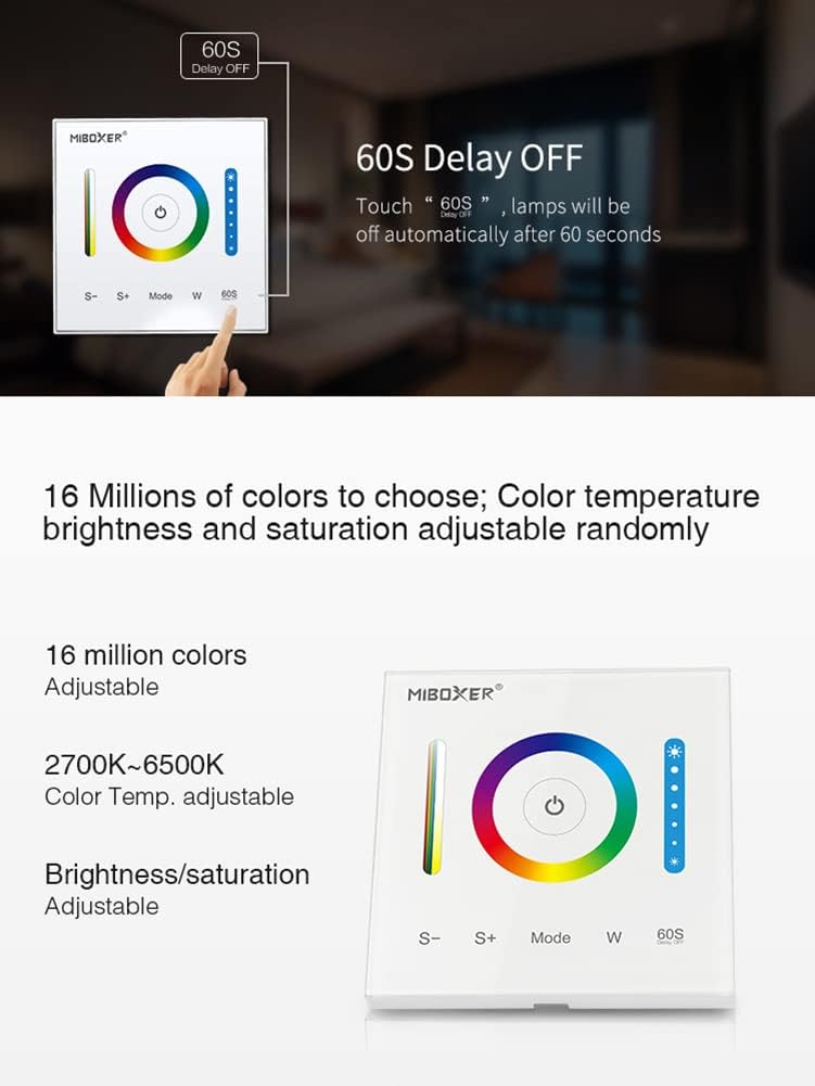 LGIDTECH P3 Wall-Mounted Full Touch Panel Controller for 3528 5050 2835 RGB RGBW RGB+CCT Dimmable Color Changing LED Strip Lighting DC 12-24V 10A 120W 240W.Support Voice and DMX512 Control