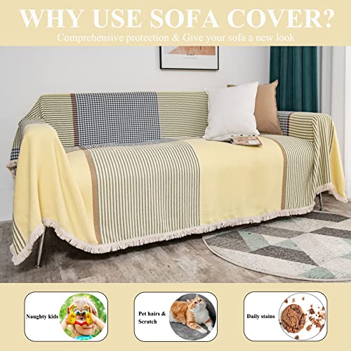 Dreamingo Furniture Protector Couch Cover Cotton Linen Sofa Covers For 3 Cushion Couch Yellow Sectional Couch Covers For Dogs Durable Houndstooth Jacquard Couch Throw Cover With Tassel, 71" X 118" #TOP1