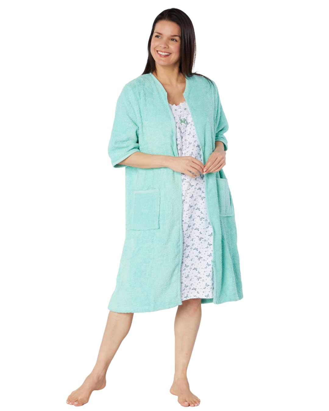 Suzy & Me Peignoir à manches 3/4 avec fermeture éclair 100 % coton pour femme | Manches 3/4, fermeture éclair, tissu éponge, 100 % coton