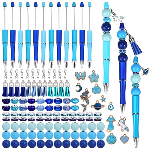Wewaysmile 12 Set Plastic DIY Bead Pens Wood Crystal Spacer Ballpoint Pen Set for Women Gifts School Office Supplies (Blue)