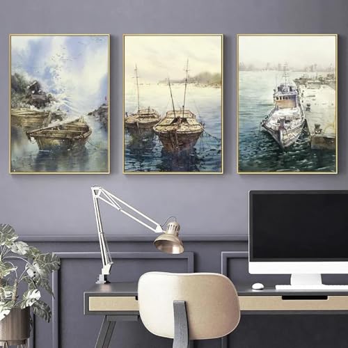 Aquarelle de bateaux contemporains pour une décoration murale zen de chambre