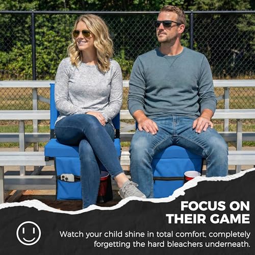 Image of SPORT BEATS Stadium Seats with Back Support Bleacher Chairs with Back and Cushion Thick Padded Bleacher Seats Includes Shoulder Strap Blue 2pcs Regular - 17 inch W x 12 inch D x 16.5 inch H