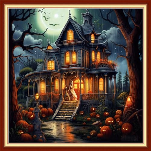 Image of Foxdiviy Stamped Cross Stitch Kits Full Range of Embroidery Needlework Starter Kits for Beginners Adults 11CT Embroidery Patterns Art Crafts DIY Needlepoint Kits-Magic House 18x18 inch