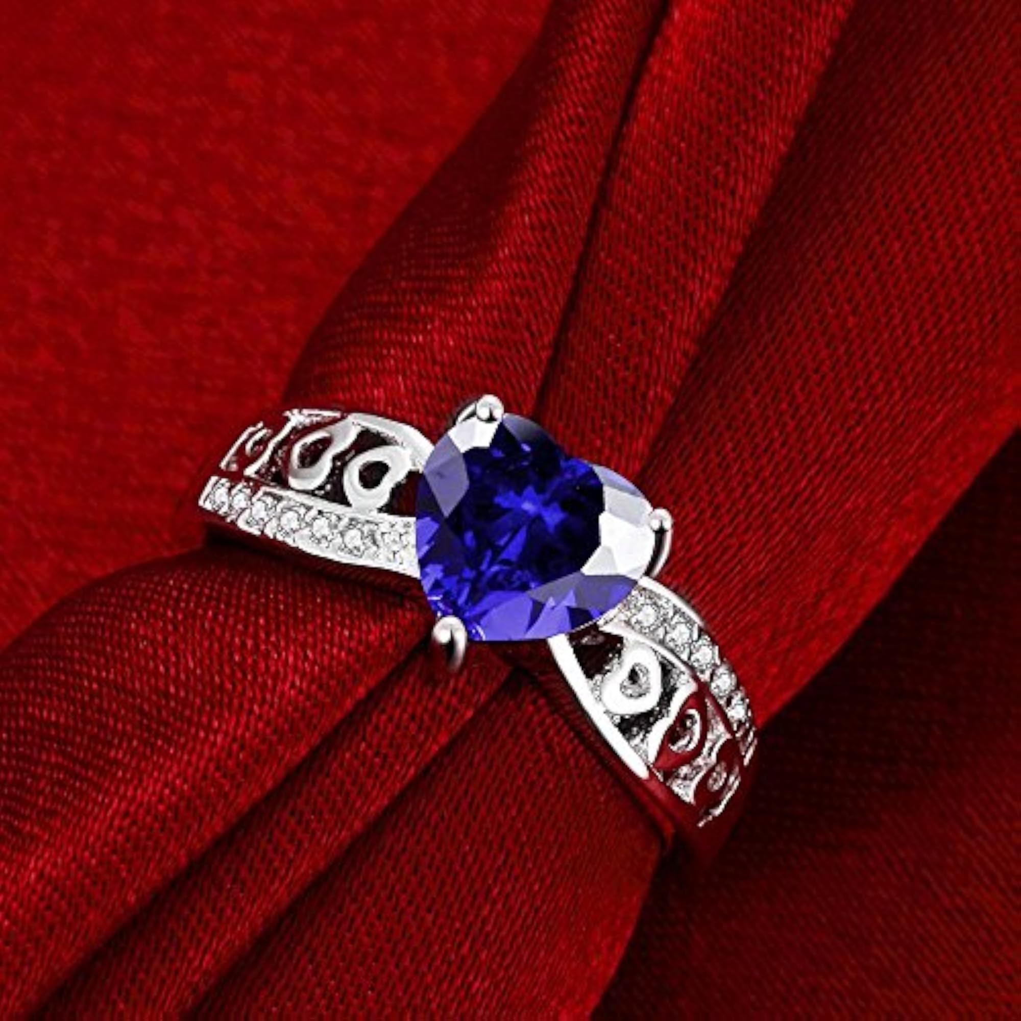 925 Silver Plated Blue Swiss Zirconia Crystal Heart Ring for Women