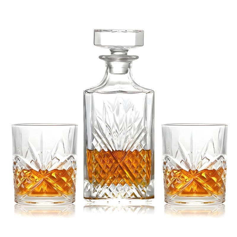 Black Foru 3PC Crystal Whiskey Decanter Set with 25.4oz (750ml) Capacity, Clear, Luxury, Includes Decanter, Bottle, 2 Glasses