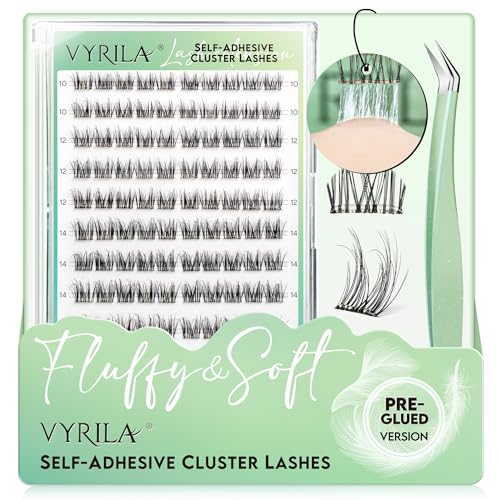 VYRILA Self-Adhesive Lash Cluster Kit, Pre-Glued Clusters with Tweezers, Pop-On Faux Eyelashes, 3D Thin Band D Curl Natural Look Lahses, Easy to Apply, Reusable Eyelash Extensions (Charm-10-16-Kit)