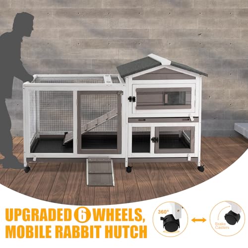 Petscosset Rabbit Hutch Indoor And Outdoor 2-Story Rabbit Cage With Pull Out Tray,Fir Wood Pet House With Wooden Ramp,Waterproof Bunny Cage Indoor With 2 Asphalt Roofs,Grey thumb #4