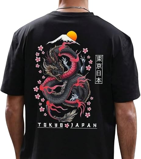 CHAHAT FASHION Men Oversized Graphic T Shirt Dragon Print Tokyo Japan Back Print Streetwear Cotton Loose Fit Drop Shoulder...