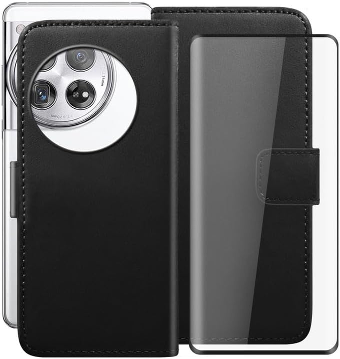 Wallet Case for OnePlus 12R (6.78") with 1 X Tempered Glass Protective Film, Flip PU Leather Multi-Angle Stand Shell, with Shockproof Soft TPU Lining Phone Cover - Black