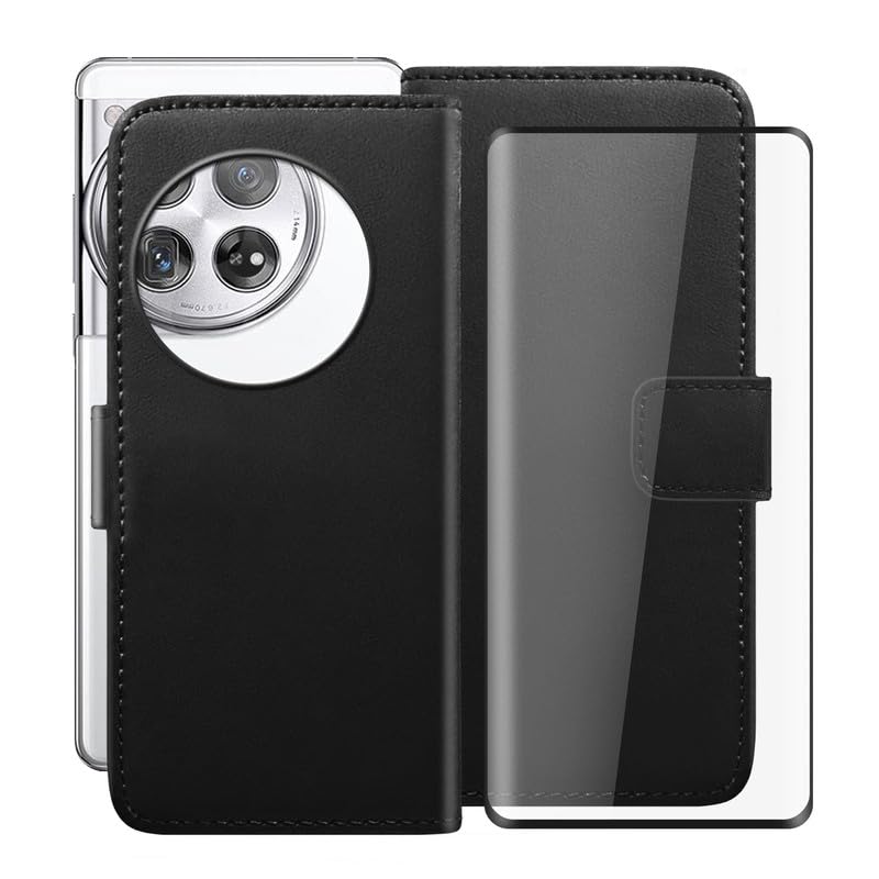 Wallet Case for OnePlus 12R (6.78") with 1 X Tempered Glass Protective Film, Flip PU Leather Multi-Angle Stand Shell, with Shockproof Soft TPU Lining Phone Cover - Black