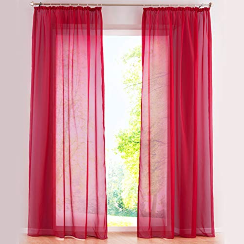 SIMPVALE Lot de 2 Rideaux Transparents – Élégants Rideaux en Voile de Couleur Unie avec Crochets de Rail – pour Chambre à Coucher, Salon, Balcon, Rouge, 140x145cm
