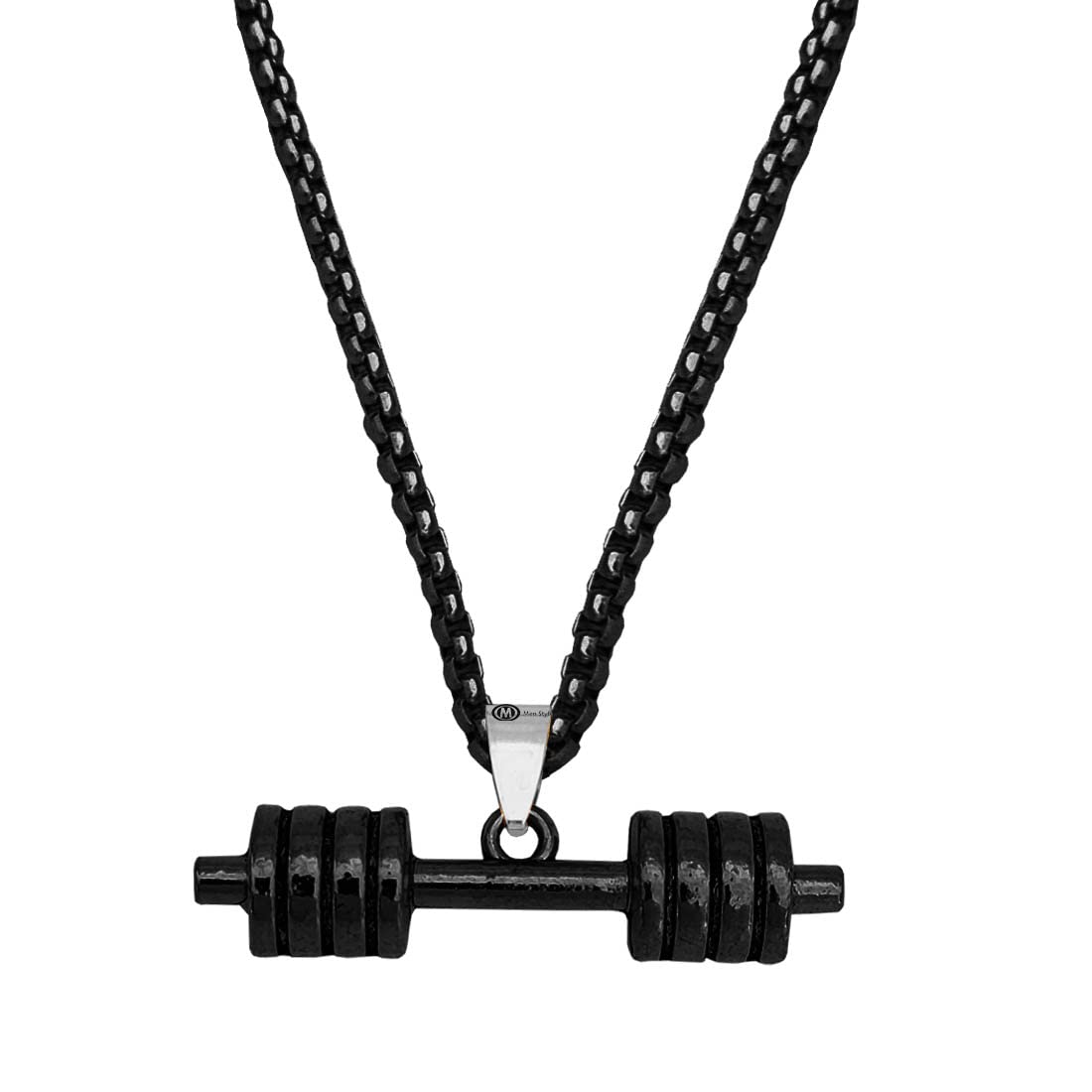 m men style Dumbbell Necklace Muscle Body Build Barbell Boxer Gym Jewellery Pendant Fitness Black Stainless Steel Pendant Necklace Chain for Men and Women-picture-14