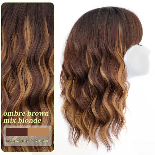Image of AISI HAIR Curly Bob Wig with Bangs Ombre Brown Mix Blonde Color Short Wavy Wigs for Women Bob Style Synthetic Heat Resistant Bob Wigs