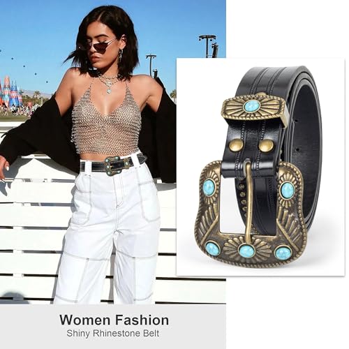 Utaly Vintage Cowgirl-Western-Leather-Belts for Women Adjustable Turquoise-Buckle-Belt West-Cowboy-Belt for Jeans 28“-35”2