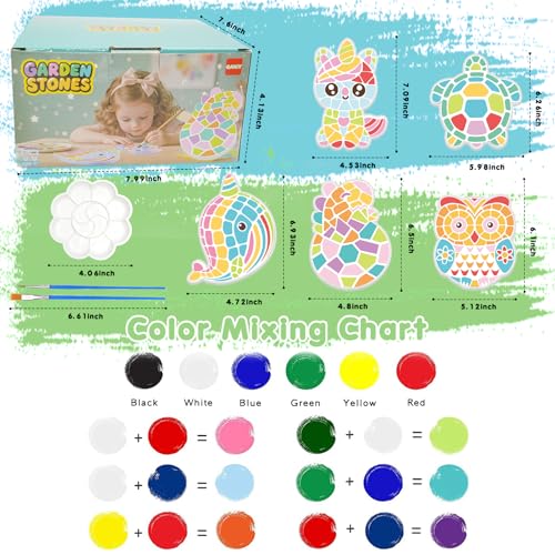 QANIY Stepping Stones Painting Kit for Kids Ages 4-12,5 Pack Outdoor Garden Stone Crafts,Outdoor Art & Craft Activity Set, Creative Gift for Boys & Girls (Art)