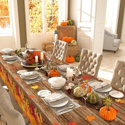 Image of Kochorie 100 Ft x 54 Inch Fall Plastic Tablecloth Roll with Slide Cutter Thanksgiving Pumpkin Maple Leaves Table Cloth Autumn Harvest Party Table Cover Roll for Autumn Events Family Banquet Parties