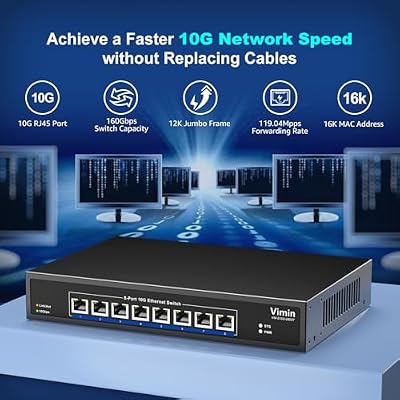 8 Port 10G Ethernet Switch, 10Gbe-RJ45 Port Network Switch Unmanaged Support 100M/1000M/2.5G/5G/10G, Auto-Negotiation, for 10G NAS, PC, NIC, Plug & Play, 160Gbps Switching Capacity, Desktop/Rack Mount