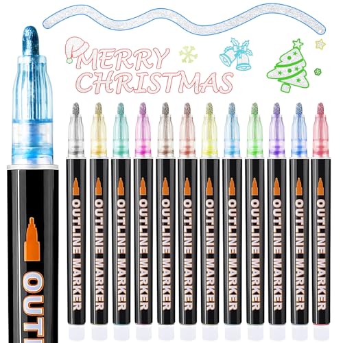Rotuladores de contorno con purpurina, 12 colores metálicos de doble línea para pintar, hacer tarjetas de regalo, manualidades, álbumes de recortes, rellenos de calcetines, regalos de Navidad para