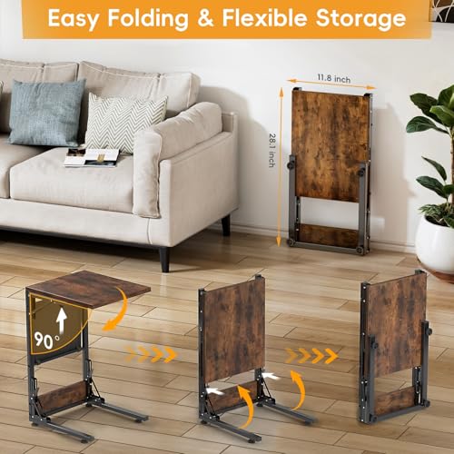 Image of Folding TV Tray Table, Small Folding Side Table with Storage Bag, Portable C Shaped End Stand for Couch Sofa Bed, Rustic Brown