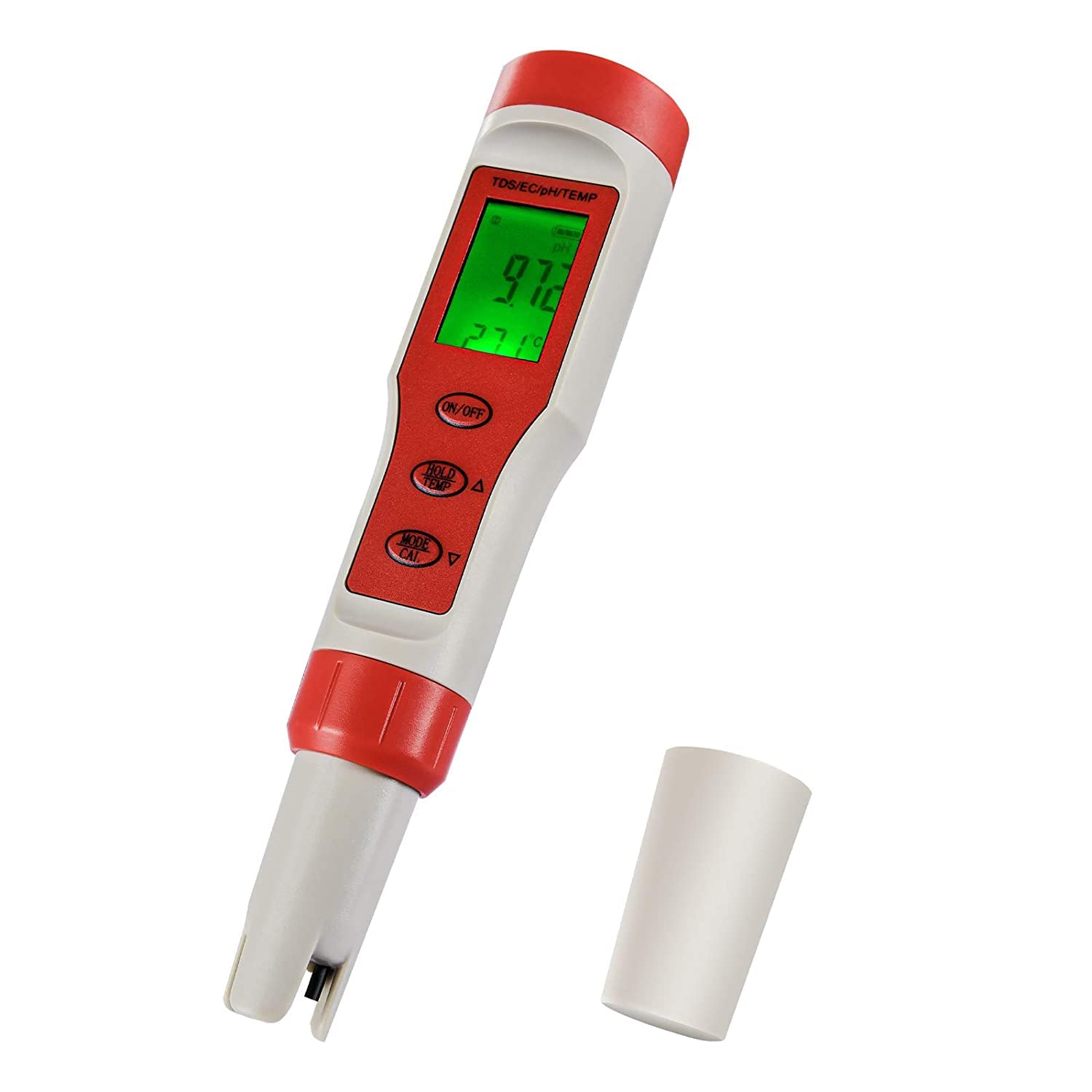 iPowerDigital Water, 4 in 1 Tester with pH/TDS/EC/Temp Function, ±0.1 High Accuracy, 0-14 Measurement Range for Hydroponics, Aquarium, Pond, 4-in-1, Red and White