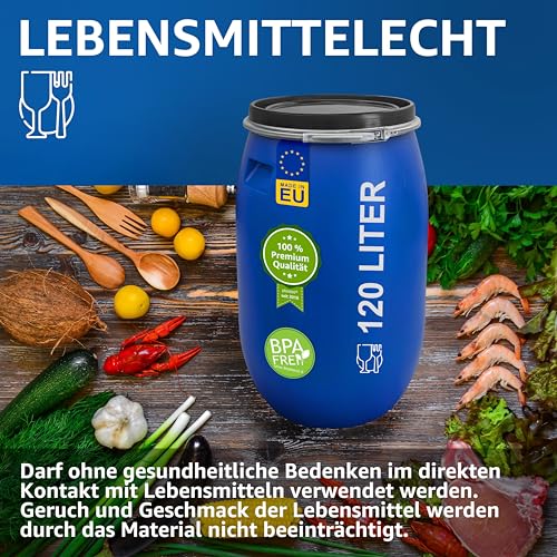 plasteo® 120 Liter Weithalsfass mit Deckel und Spannring Futtertonne Kunststofffass Universalfass Deckelfass Lebensmittelecht Wasserfass Regentonne Lagerfass | Stabile Griffmulden | Blau