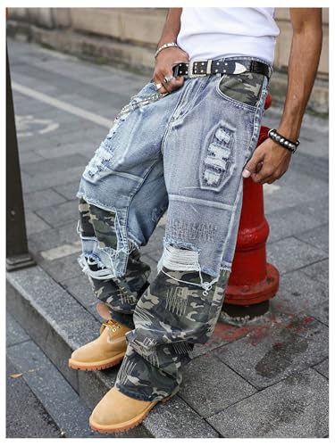 Men's Camo Graphic Baggy Jeans Y2k Ripped Wide Leg Denim Pants with Pockets Streetwear3