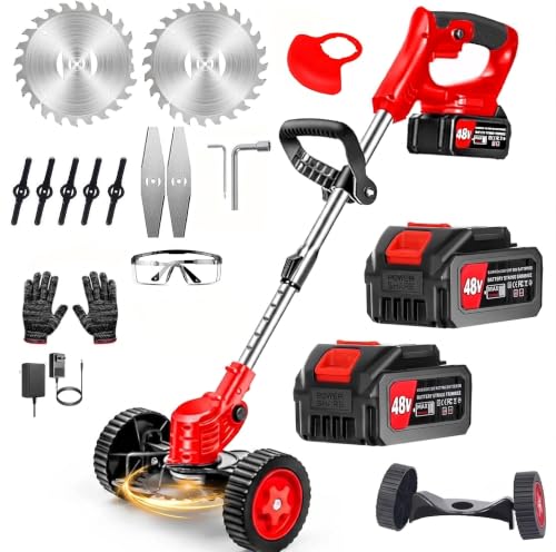 Image of 𝗞𝗢𝗦𝗠𝗘𝗥 48V Cordless Grass Trimmer with Wheels, Electric Brush Cutter, Adjustable 90 Head, 2 Rechargeable Batteries, Telescopic Handle, Multi-Blade Lawn Edger & Weed Cutter for Garden