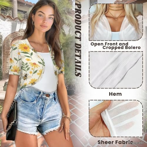 Image of Womens Short Sleeve Cardigans Lightweight Summer Cardigan Trendy Bolero Shrug Cute Floral Cardigan Sheer Bolero