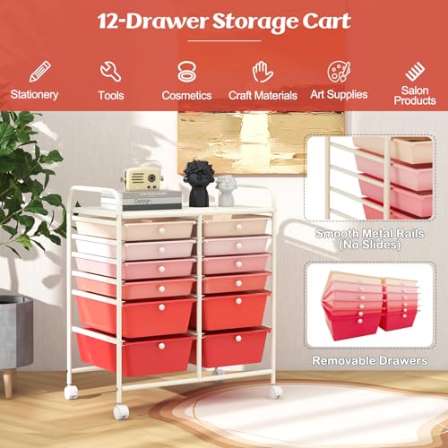 Image of LDAILY 12 Drawer Rolling Storage Cart, Craft Cart Organizer on Wheels w /Metal Frame, Large Capacity & Smooth Drawer, Rolling Cart w /Drawers for Classroom, Office