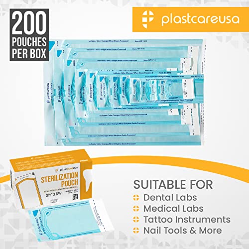 1000 3.5 X 5.25 Self Sealing Sterilization Pouches - Autoclave Sterilizer Bags Pouch for Sterilizing Dental Medical Instruments & Cleaning Tools - Latex-Free, Color Changin Indicator by PlastCare USA
