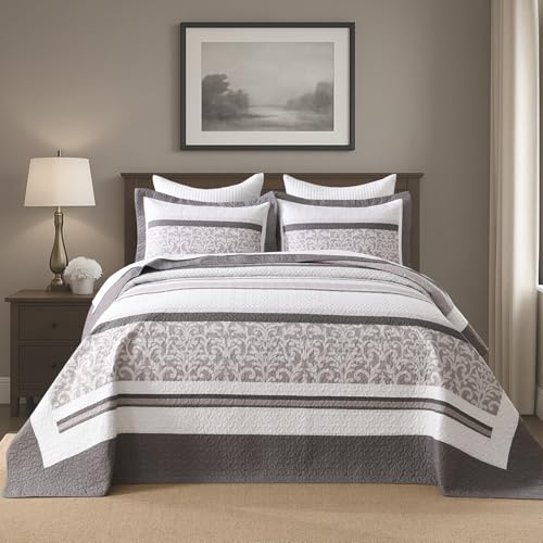 Bedduvit 100% Cotton 120"x128" Oversized California King Bedspreads - Farmhouse Botanical Cal King Bedspread Set, 3pcs Lightweight Rustic Striped Patchwork Extra Large Cotton Quilts, Brown/Gray/White - image 2