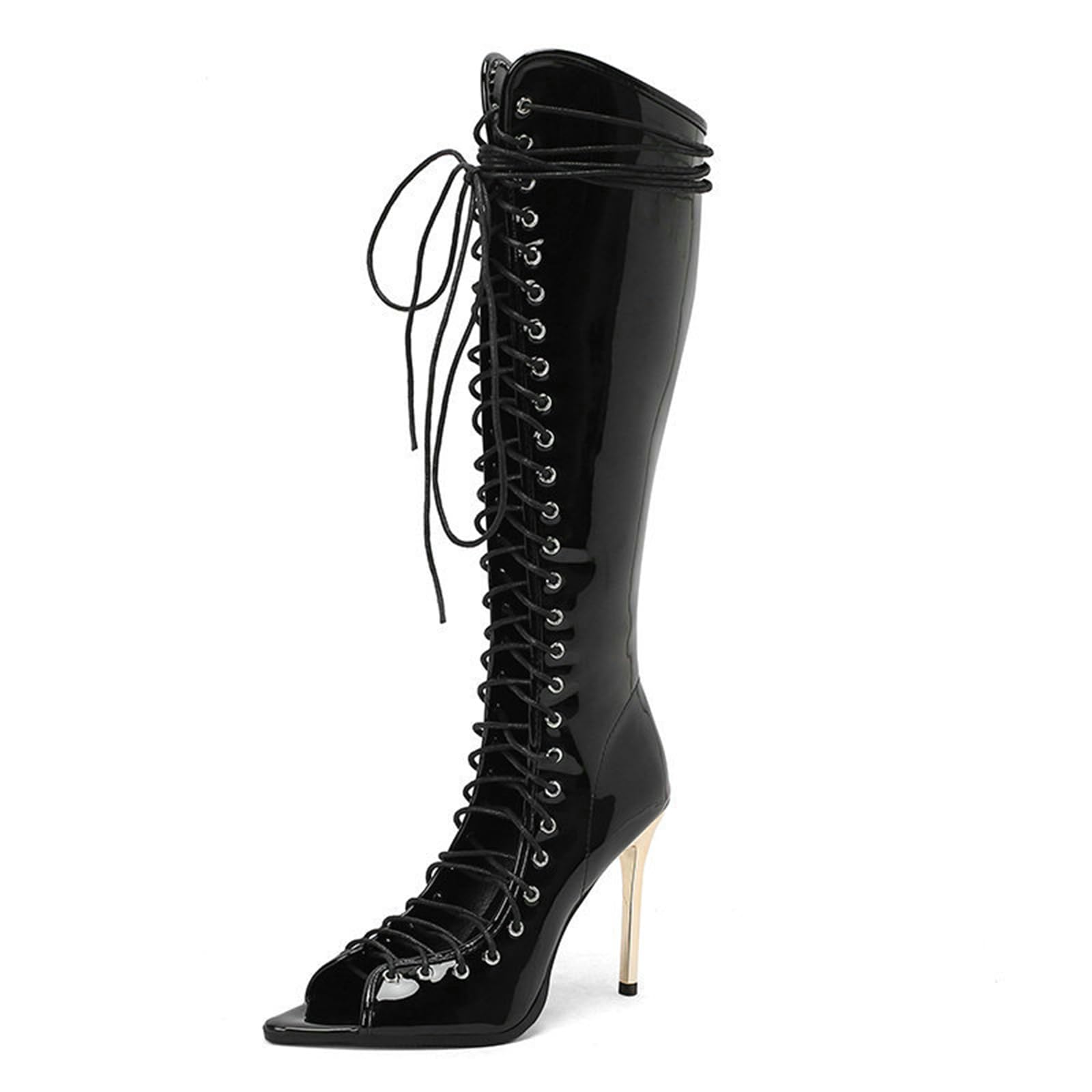 Stivali da Donna in Pelle Verniciata con Punta Aperta Fino al Ginocchio, Tacco Stiletto con Lacci, Stivali Gladiatore