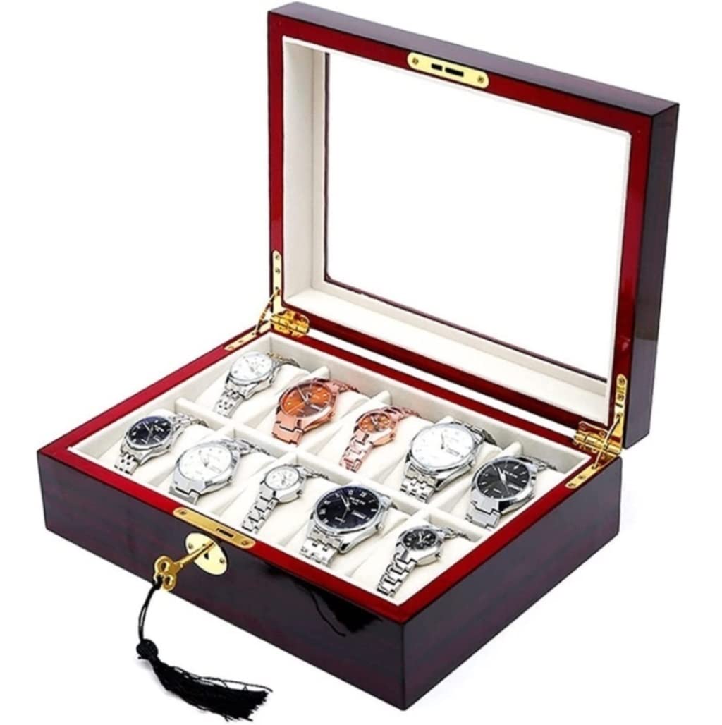 QUSYZD Watch Case Watch Roll 10 Slot Wooden Watch Box with Key Opening Window Watch Storage Box Watch Box Watch Winder,