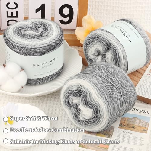 Image of Aeelike Gradient Yarn for Crocheting, 6 Skeins Cake Yarns Fairyland Yarn 100g (3.52 oz) 245m (267 Yards) # 3 Light Weight - Super Soft Ombre Yarns for Making Colorful Crafts, Grey White Gradient