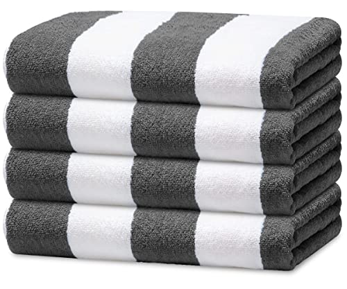 Avalon Towels Cabana Beach Towels 4 Pack (Size 30x60) Inches Oversized, 100% Ring Spun Cotton, Highly Absorbent Large Pool Towels, Super Soft and Quick Drying, Perfect for Gifts (Grey Stripe)