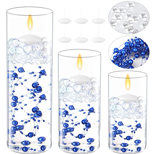Shihanee 15 Pcs Clear Glass Cylinder Vases Centerpiece Flower Vase Candle Holder for Centerpiece Wedding Party Decor with Candles Faux Pearls String and Beads (Royal Blue)