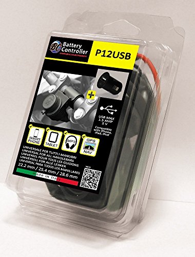 BC Battery Controller 710-P12USB - 12V Waterproof Cigarette Lighter Socket with Universal Motorcycle Handlebar Holder (22.2 / 25.4 / 28.6 mm) + 5V 1.5A USB Port - Length: 145 cm - Made in Italy