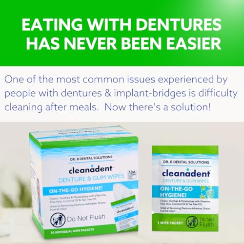 Dr. B Dental Solutions Cleanadent Lenços dentários, limpador de dentadura remove adesivos, alimentos