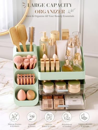 KQJS Makeup Organizer with Drawers,Large Capacity Countertop Organizer for Vanity,Bathroom and Bedroom Desk Cosmetics Organizers,Easy To Storage Skincare,Brushes,Lotions (Green) — view 3