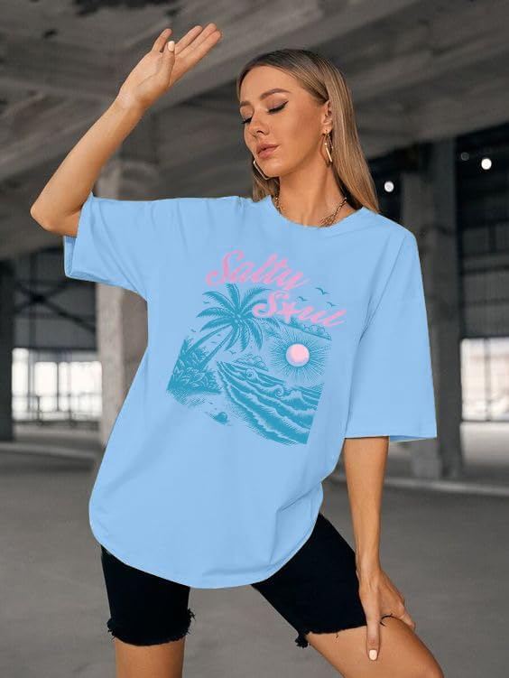 Salty Beach Oversized Shirt Women Hawaiian Beach Shirts Sunshine Graphic Tee Summer Vacation Tees Tops - Image 4