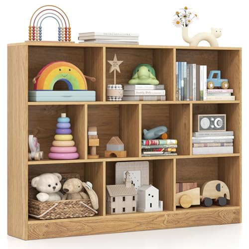 IFANNY Toy Storage Organizer, Kids Bookshelf with 10 Cubes, Playroom Toy Shelf Organization and Storage, Wood Children’s Bookcase, Book Shelf for Kids Rooms, Living Room, Nursery (Natural, 55'')