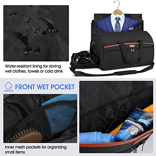 Carry On Garment Bags Hangable Large Garment Bags For Travel With Shoe Compartment Waterproof Travel Suit Bag For Men 2 In 1 Convertible Garment Duffle Bag With Toiletry Bag, Black #TOP2