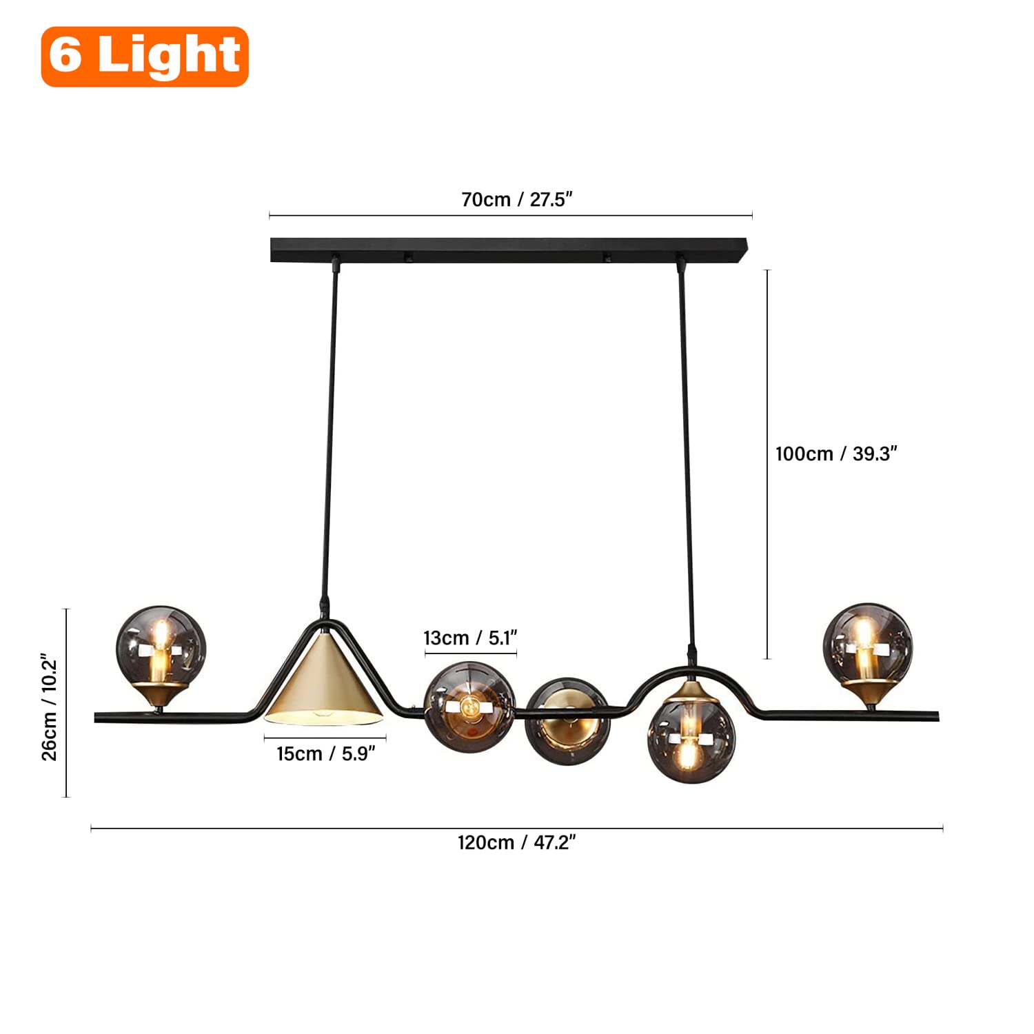 Lampadario lineare a 6 luci, lampade a sospensione con paralume in vetro, apparecchi di illuminazione a soffitto in stile metà secolo Lampada a sospensione per sala da pranzo Isola della cucina