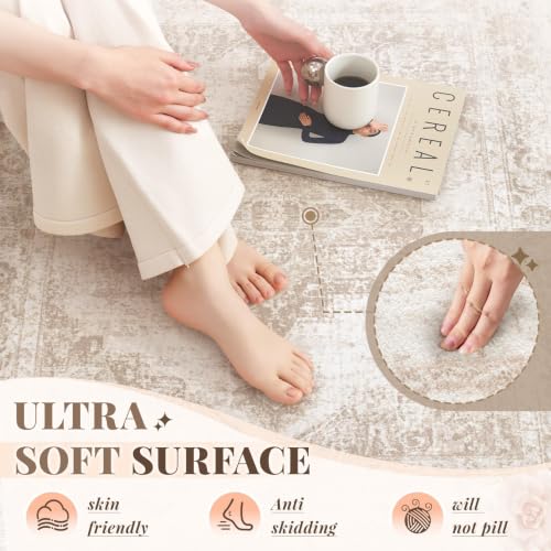 Image of Area Rug 8x10 Vintage Rug: Large Washable Indoor Medallion Rugs Low Pile Distressed Floor Carpet Retro Accent Rug for Living Room Bedroom Kitchen Dining Table Home Office(Beige, 8'x10')