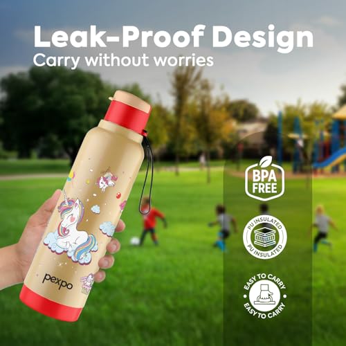 Image of Go24 pexpo Sonnet 900 PU Insulated Stainless Steel Water Bottle for Kids - 680ml | Flip-Top Cap | Leakproof & BPA Free| Carry Strap | for School, Sports, Travel, Picnic, Outdoor - Red Unicorn Print