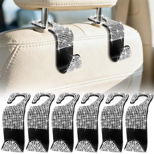 BFXM 6 Pack Bling Car Seat Headrest Hooks, Rhinestone Purse Hook for Car, Universal Storage Organizer for Handbag Grocery Bags Coats, Bling Car Accessories for Women (Bling White)